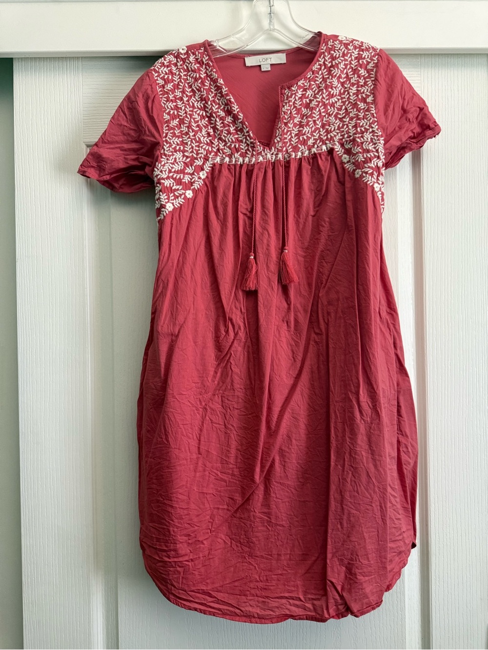 LOFT Coral Embroidered Tassel V-Neck Midi Dress